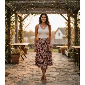 Coldwater Creek Floral Midi Skirt Boho Cottagecore Garden Party Flowy Skirt L